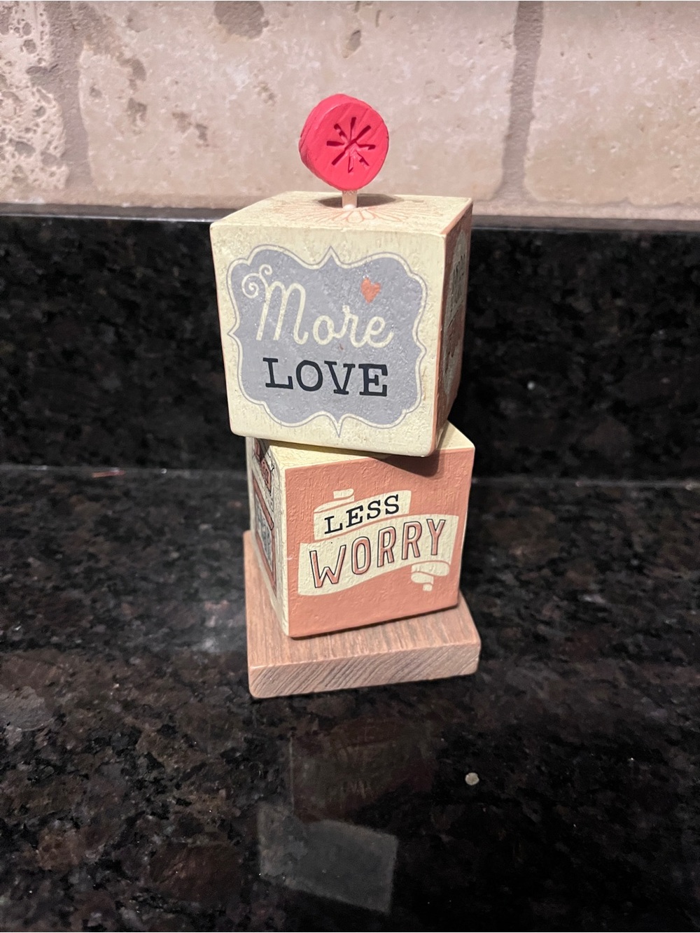 Stacked Wooden Blocks Motivational  Sign "More Love Less Worry” etc